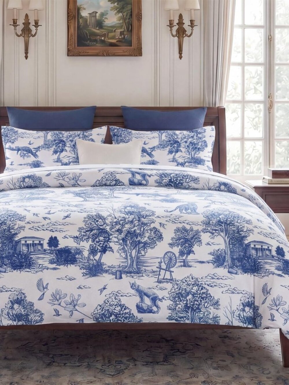 Blue Toile Duvet Cover King Size, 100% Cotton Duvet Cover Set with Zipper